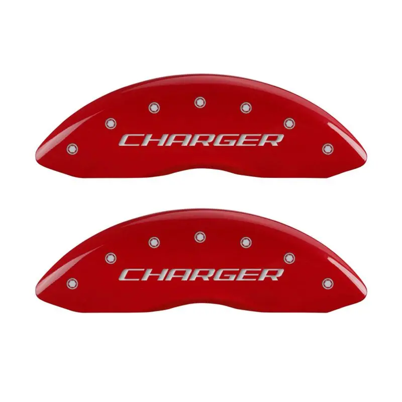 Mgp Engraved Caliper Covers – Front & Rear, Block/Charger Red Accent On Silver Finish 1