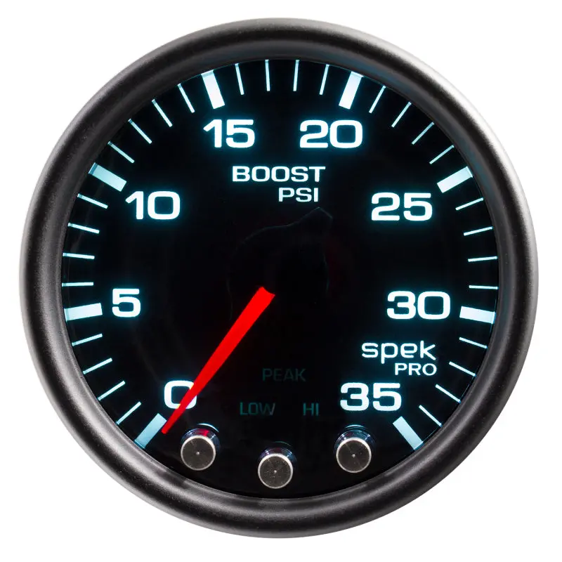 Autometer Spek-Pro Boost Gauge – 2-1/16" Dial, 35 Psi Range, Stepper Motor, Peak Hold & Warning, Black Smoke/Black Face 1