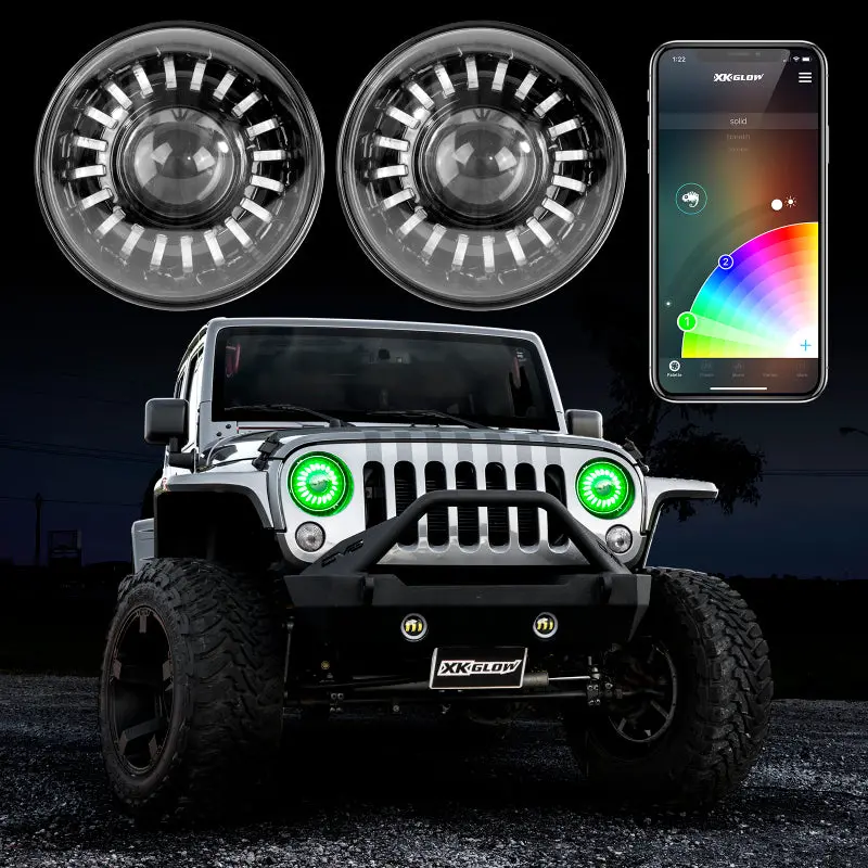 Xk Glow 2Pc 7In Rgb Led Jeep Headlight Xkchrome Bluetooth App Controlled Kit 1
